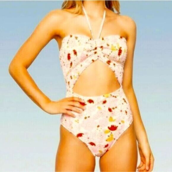 NWT Lolli Swim Floral Smocked Cut Out Halter Swimsuit Cream 1 piece - Size 1XL - Picture 1 of 7